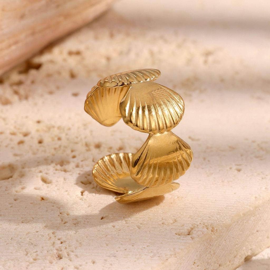 18K Gold Plated Shell Ring - Adjustable Stainless Steel, European & American Resort Style