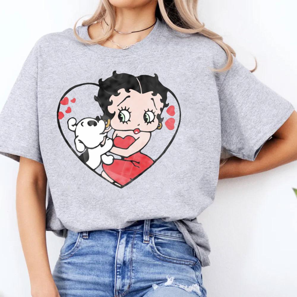 Betty Boop with Pudgy Dog Shirt Vintage Women Summer Cotton Short Sleeve Retro Cartoon Girl Graphic Printed Casual Daily Outfit