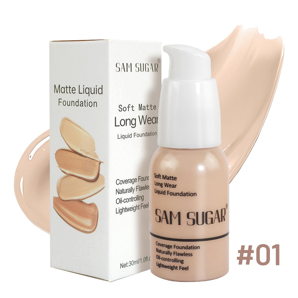 SAM SUGAR Soft Matte Long Wear Liquid Foundation Oil-Controlling Waterproof Naturally Flawless Lightweight Full Coverage Face Makeup for Women 1#