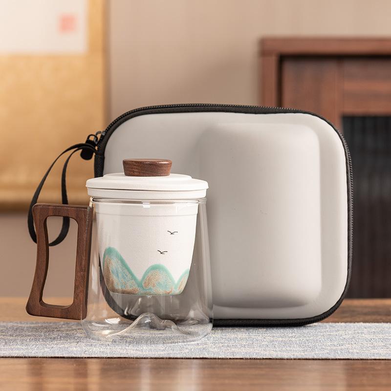 Black sandalwood handle office cup ceramic liner filter glass tea cup high-end anti-scalding gift box portable gift