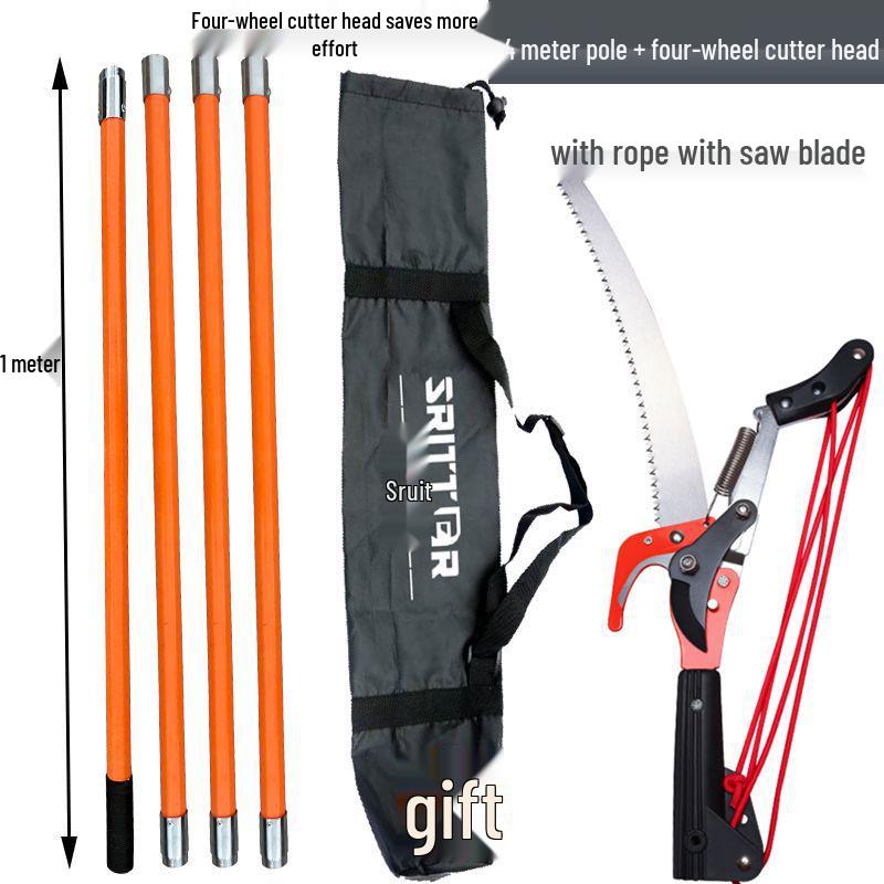 Aluminum Alloy Telescopic Pole and Pruner with High Branch Saw for Tree Pruning.
