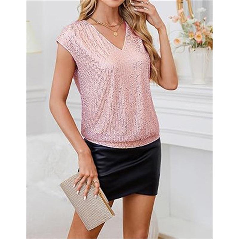 

Женская летняя новая блузка с рукавом реглан, пайетками, приталенного силуэта, с V-образным вырезом, однотонная, свободная, повседневная, удобная футболка с коротким рукавом XXL розовый
