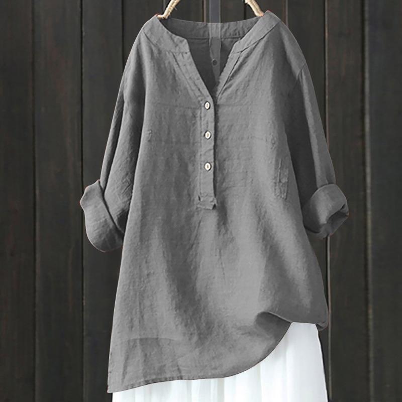 Women V Neck Linen Blend Shirt Half Button Long Sleeve Loose Fit Casual Blouse