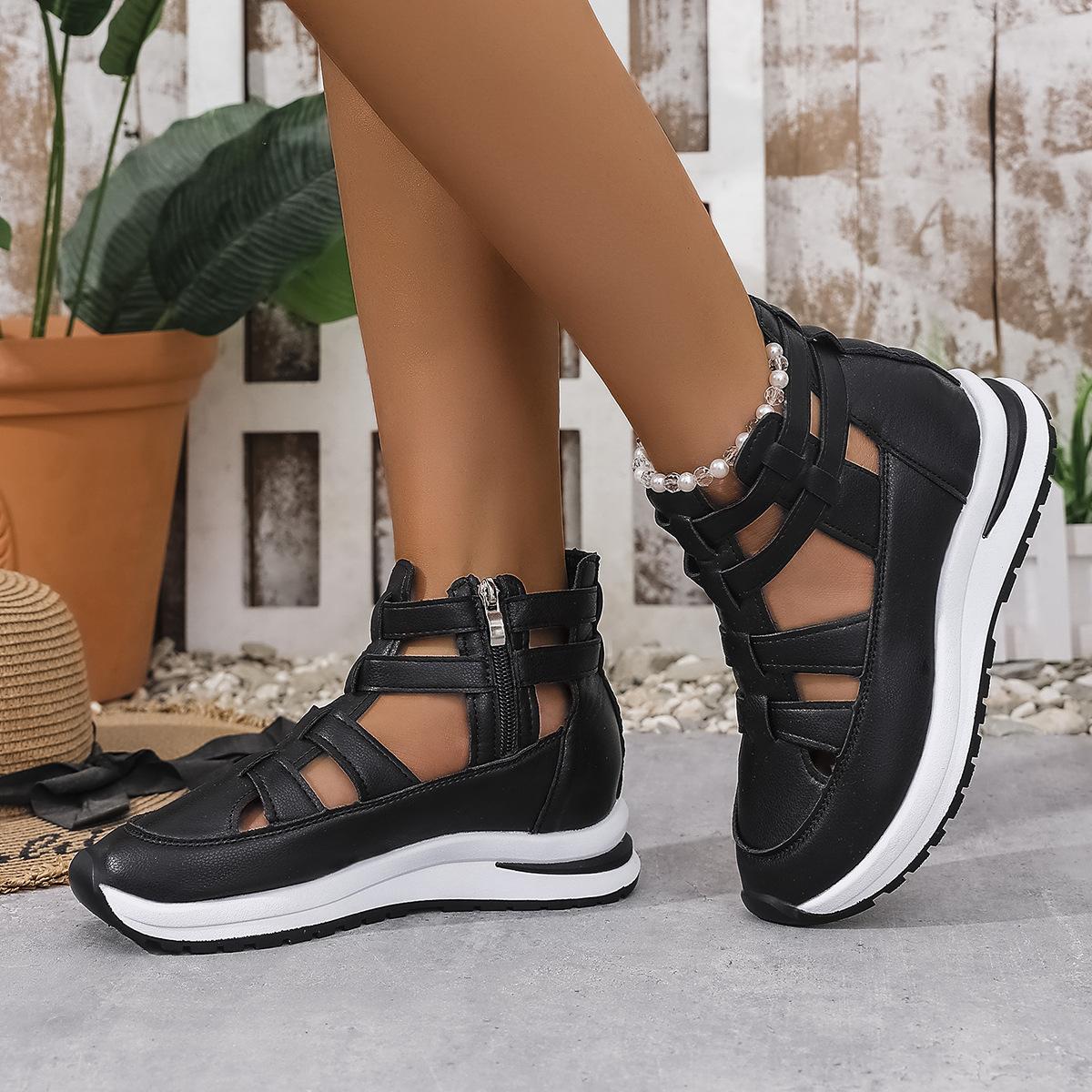 

Foreign trade large size thick sole heightened wide strip hollow sandals 2025 summer new round head casual women s shoes 43 чёрный