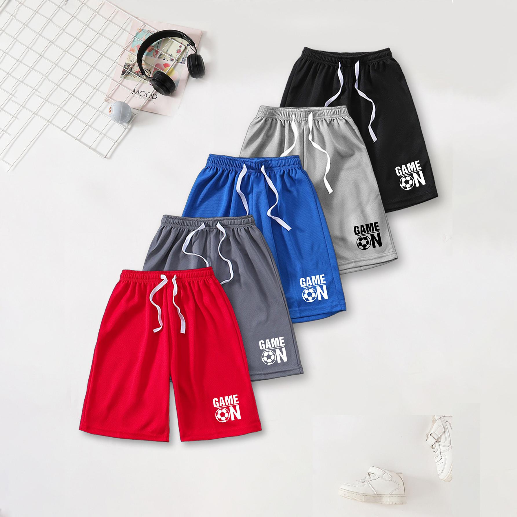 

Boys Sports Shorts | GAME ON Soccer Ball Text Print | 5 Colors Elastic Waist 120 чёрный/синий