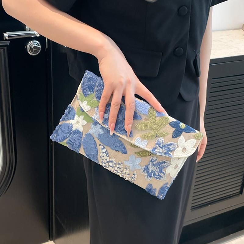 Embroidery Evening Bags Sequins Bling Clutch Bag Straw Envelope Bag Floral Pattern Handbag Wedding Party Cotton and Linen Wallet