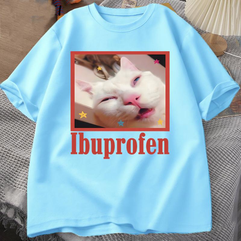 Ibuprofen Cat Meme Tshirt Funny Cat Graphic Tee Cute Cat Lover Cotton T-Shirt Casual Funny T Shirts Unisex Oversized Tshirt Tee
