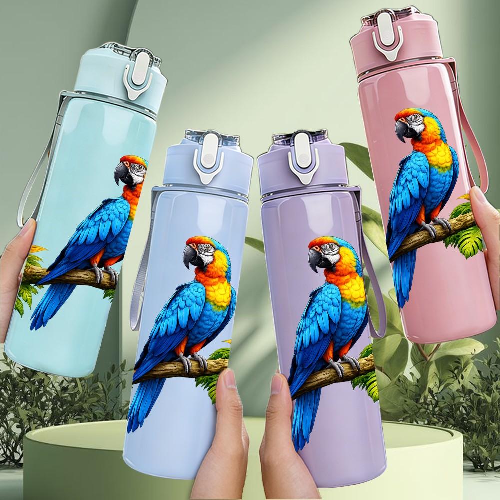 1PC Blue Parrot Bird On Tree Branch Print 750ml Color Plastic Sports Water Bottle Leakproof Flip Straw Lid Suitable for Sports Office Home Use
