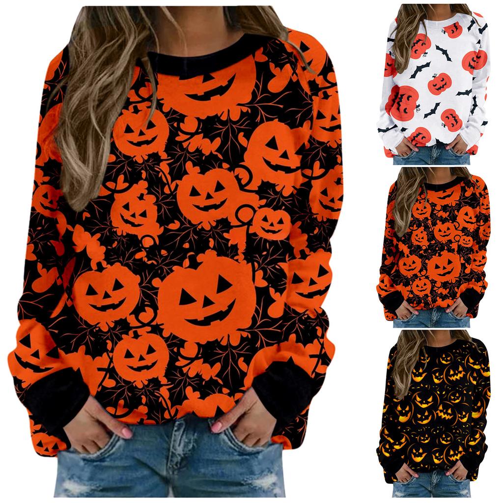 Women Fashion Halloween Printed Long Sleeve  Stitching Sweatshirt Top