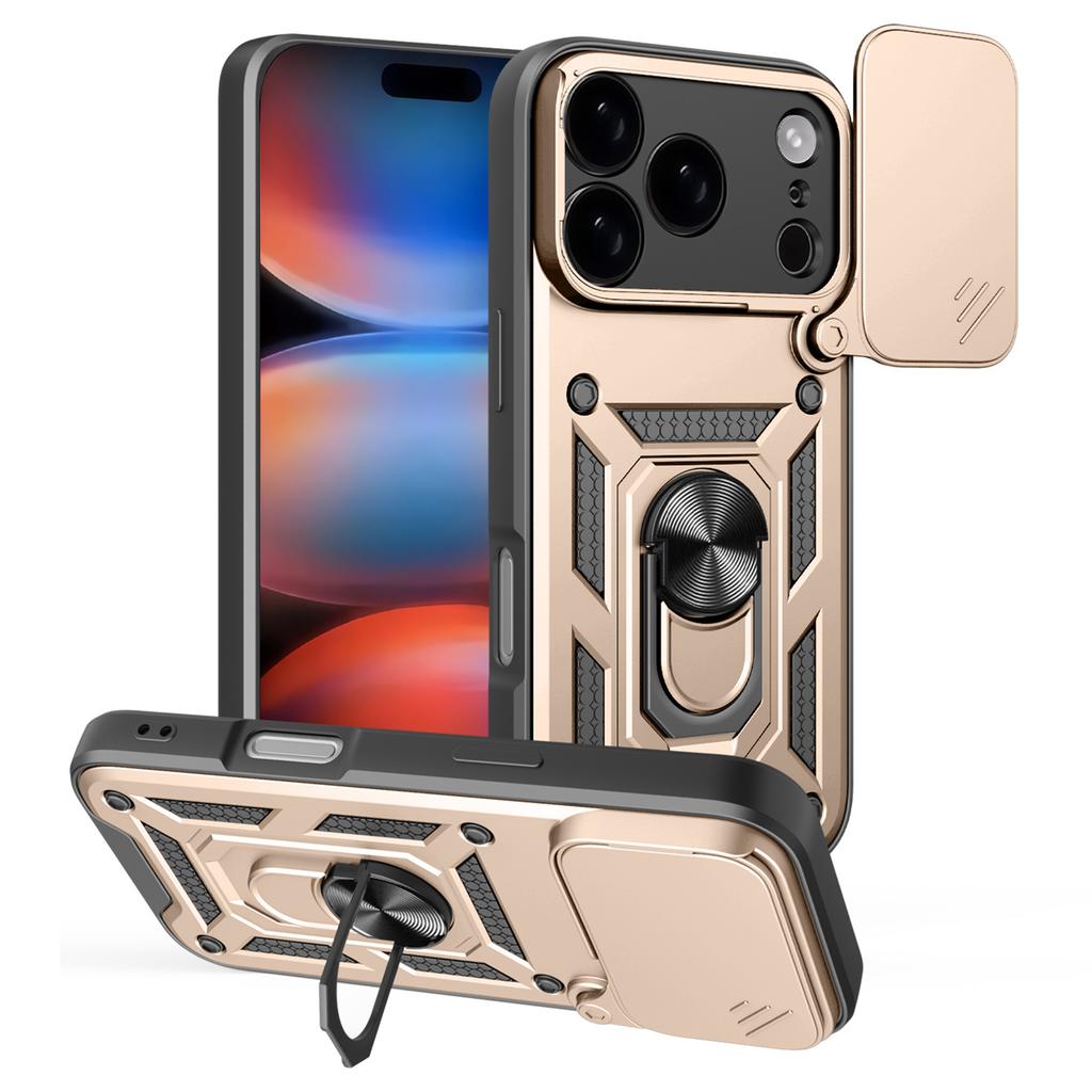 For iPhone 17 Pro Case with Slide Camera Lid PC+TPU Kickstand Phone Cover