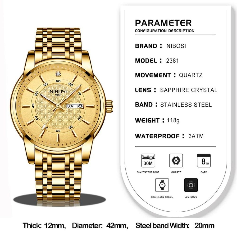 NIBOSI Men's Classic Gold Stainless Steel Wristwatch Waterproof Analog Metal Band Casual Gift Date and Day Fluorescent Watch