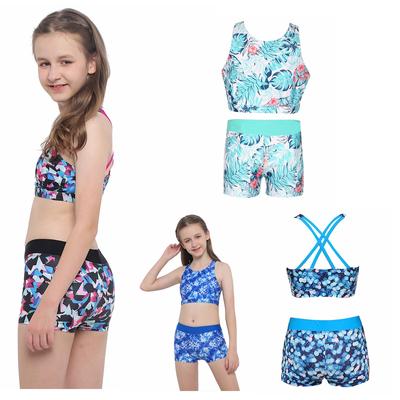 Girls Two Pieces Swimsuit Sleeveless Crisscross Back Printed Top with Boyshorts Bottoms