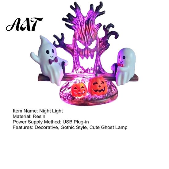 No Battery Required Halloween Light Animated Seesaw Ghost Light, USB Powered 3D Night Cute LED Lamp for Desk with Spooky Tree And Pumpkin Design,