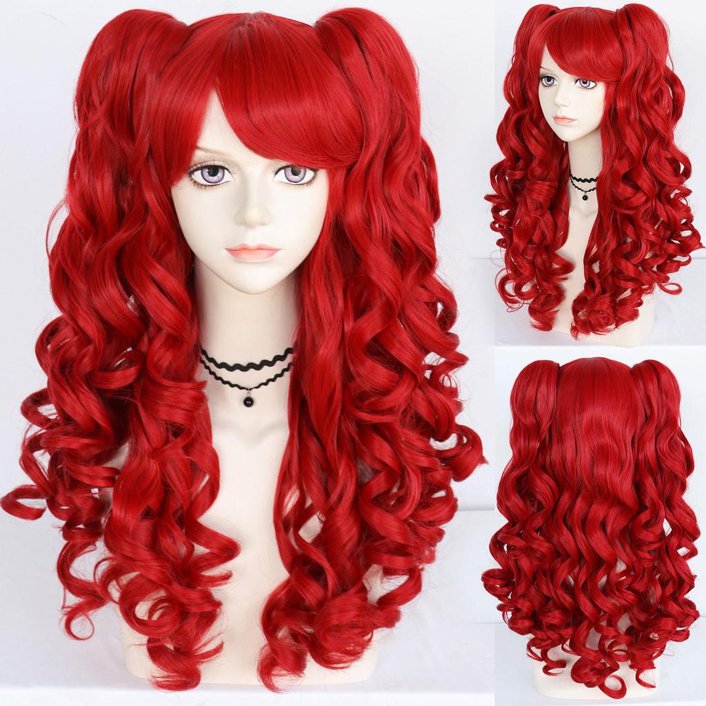Lolita Cosplay Wig With Double Tiger Clips Red Long Curly Synthetic Hair For Anime Costumes