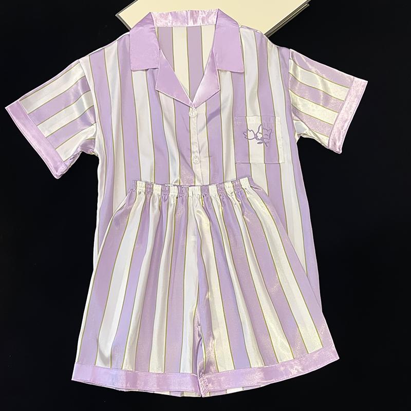 Nuovo Set Pigiama Estivo da Donna Dolce in Raso con Stampa a Righe Manica Corta+Pantaloni Donna Carino Abbigliamento per la Casa Casual
