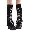 Women's Punk Star Pattern Knitted Leg Warmers with Ribbon Bows Flared Boot Covers Knee Length Socks Japanese Streetwear
