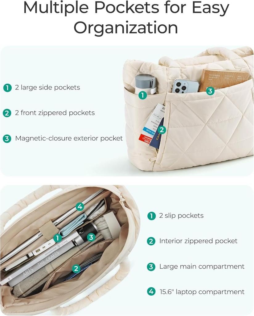 Tote Bag for Women, Puffy Tote Bag with Zipper, Large Quilted Shoulder Bag with Compartments for Travel, Work, Gym