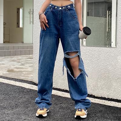 Frühling 2022 frauen mode hohe taille frauen Breite bein jeans baggy zerrissene frau denim capris Hosen jean mom jeans hosen