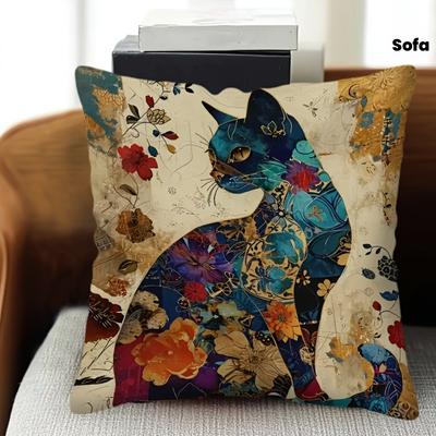 Federa Cuscino Stampa Gatto Esotico Chiusura con Zip Rimovibile Fine Design su un Lato Blu Vibrante e Motivo Floreale Dorato Federa per Cuscino per Camera da Letto, Divano, Auto