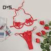 2 Pcs/Set Women Underwear Set Bow Decor Hollow Out Three-point Lace-up Halter Neck Honeymoon Bedroom Bra G-string Set High Waist Revealing Thong