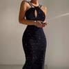 Abito Midi da Donna Scollo all'americana Senza Maniche Foro Chiave Strass Glitter Vestito Slim Fit Vita Media Sexy Bodycon Abito da Festa
