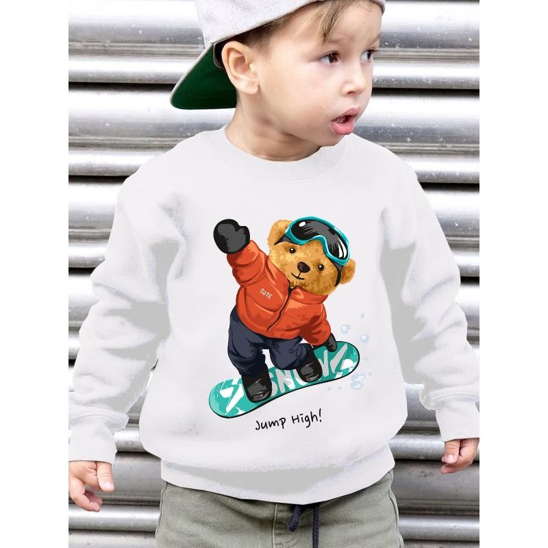 European Size Boys' Autumn Winter Fashion Fleece Round Neck Fuzz Sweatshirt JUMP HIGH! Skateboarding Little Bear Cartoon Pattern Print