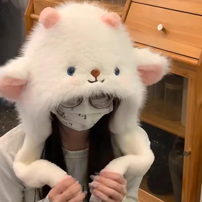 Women'S Winter Cute Thick Warm Ear Protection Hat With Moving Ears Cartoon Plush Hat