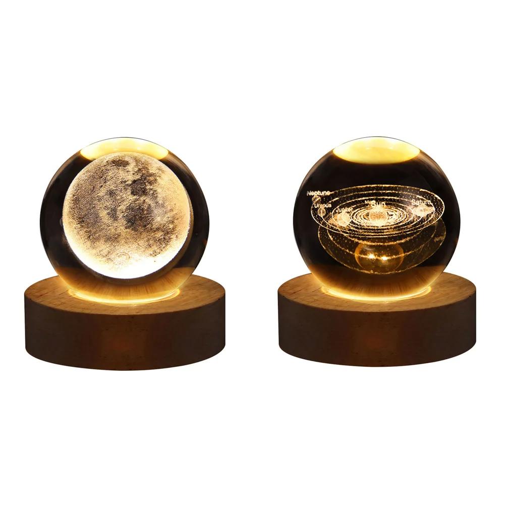 LED Crystal Ball Lamp Milky Way System Crystal Ball Glowing Solar System Crystal Ball with Wooden Base Glass Planet Nightlight