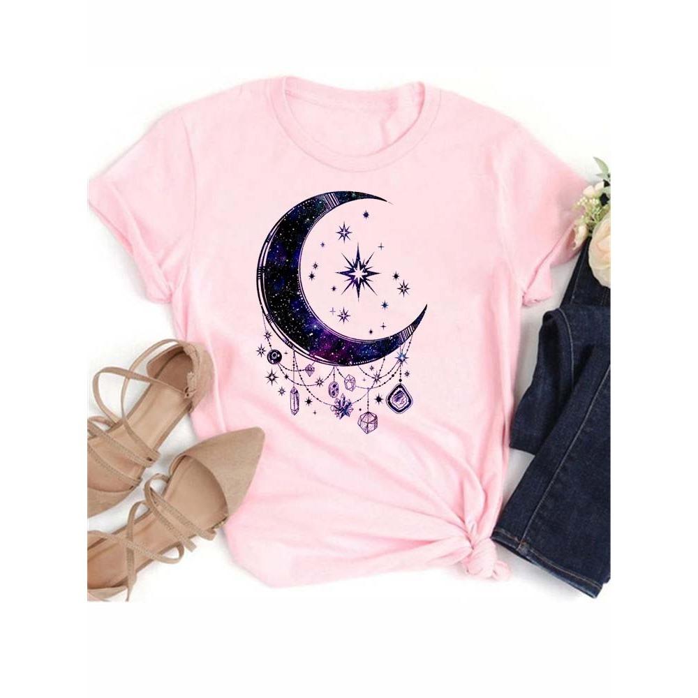 Maycaur T-shirt Dames Maan Planeet Print Mode T-shirts Casual Ronde Hals Korte Mouw Streetwear Dames T-shirt Vintage Tops