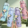 1PC Blue White Mixed Rose Flower Bouquet Print 750ml Color Plastic Sports Water Bottle Leakproof Flip Straw Lid Suitable for Sports Office Home Use