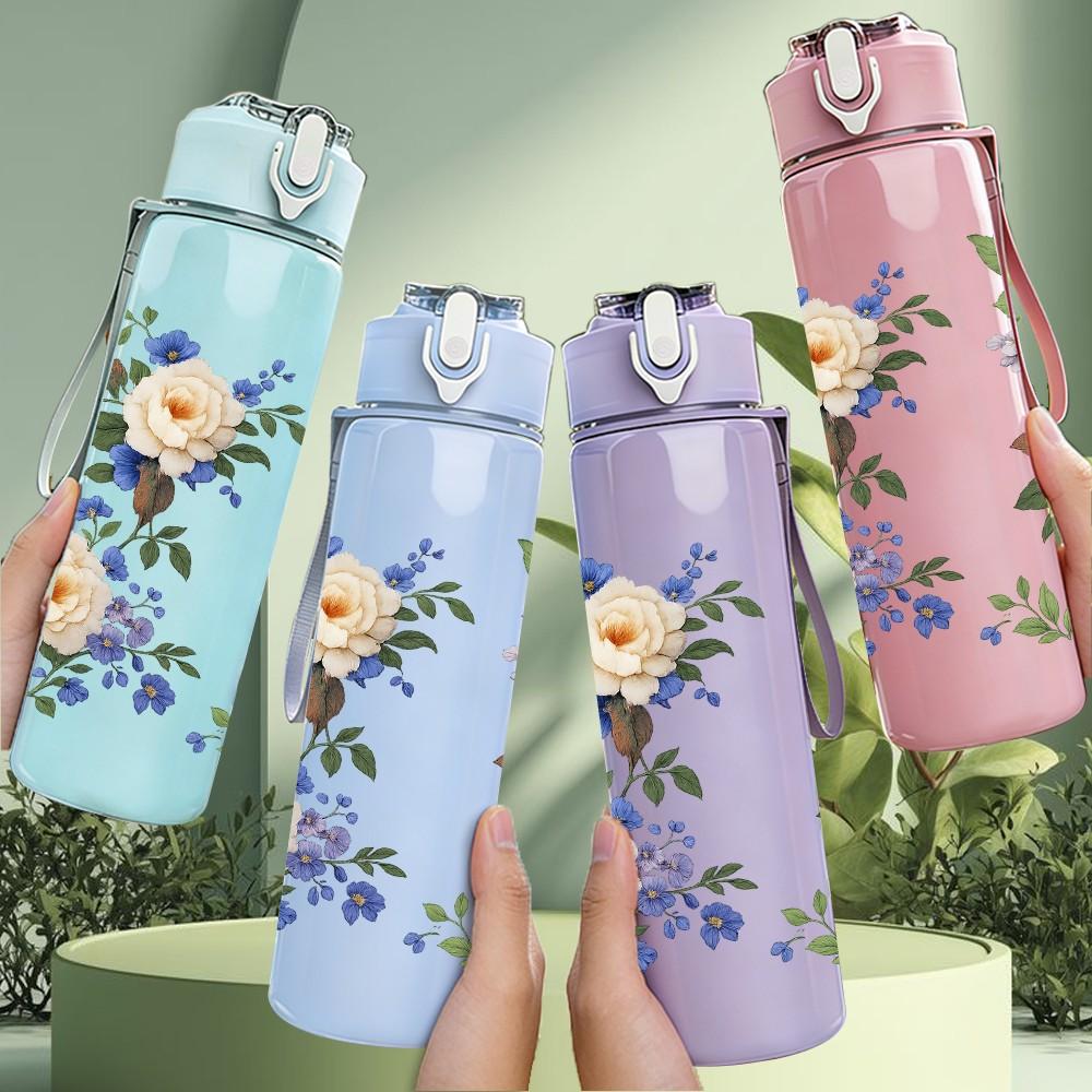 1PC Blue White Mixed Rose Flower Bouquet Print 750ml Color Plastic Sports Water Bottle Leakproof Flip Straw Lid Suitable for Sports Office Home Use