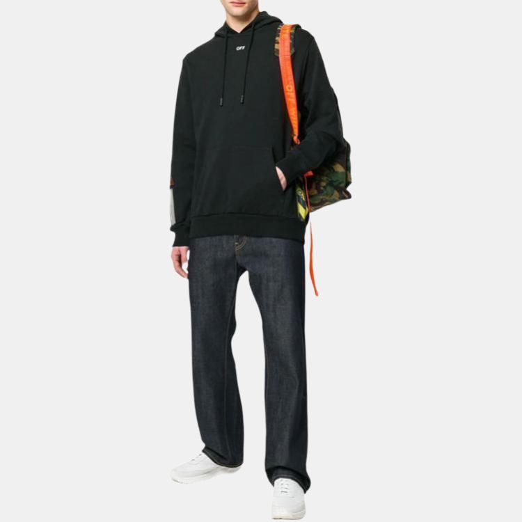 Off-White Side Yellow Caution Tape Hooded Sweatshirt Unisex Tops Black OMBB032S180030081000