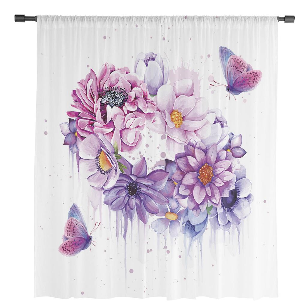 Watercolor Purple Flower Butterfly Sheer Curtains for Living Room Decoration Window Curtains Kitchen Tulle Voile Curtains