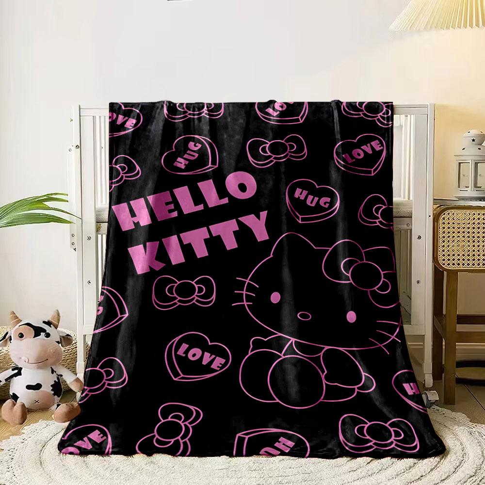 

Outlined Hello Kitty, hearts, and bows in pink on a black background. for all seasons blanket lunch break throw gift 80cm x 120cm