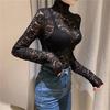 Turtleneck Long Sleeves Perspective Thin Bottoming Top Women Embroidery Floral Crochet Lace Hollow Top