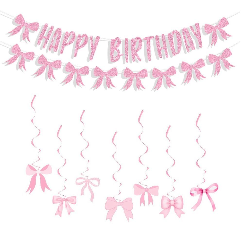 Bow Theme Happy Birthday Banner Paper Backdrop Decor New Hanging Garland  Party Supplies
