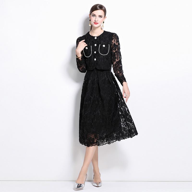 Female Floral Embroidery Two Piece Set Women Suit Elegant OL Long Sleeve Shirt Midi Skirts 2 Piece Outfit