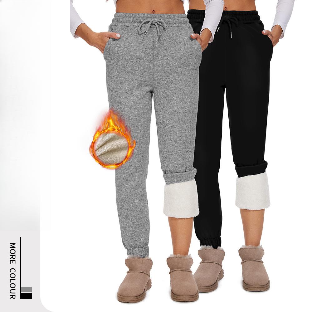 Autumn/Winter Cuffed Fleece-lined Sports Pants for Women Outerwear Warm Drawstring Fleece-lined Thickened Autumn/winter Sports Pants