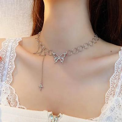 Ins Fashionable Hip Hop Butterfly Tassel Choker Necklace Women Teens Girls Punk Link Chain Necklace Party Daily Fashion Jewelry