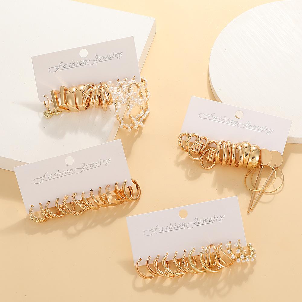 European & American Vintage Pearl Geometric Gold Hoop & Stud Earrings Set - 6 Pieces