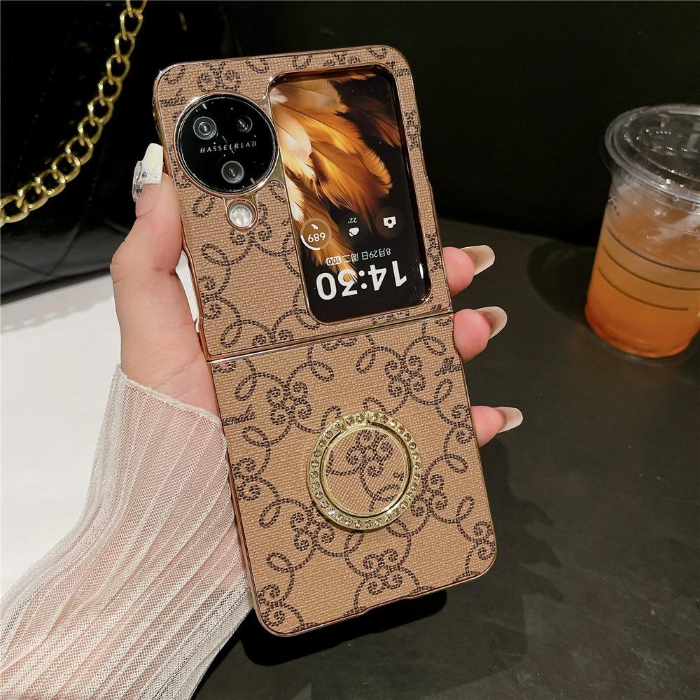 Electroplating Leather Ring Stand Phone Case For OPPO Find N3 Flip/N2 Flip Shockproof Flower Cover