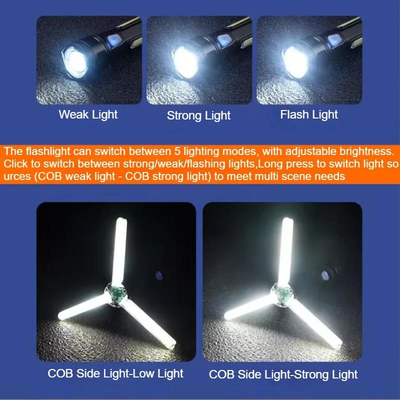 2800mAh Strong Light Outdoor LED Flashlight Rotating Zoom Portable Rechargeable LED COB Camping 5 Modes Multi Functional Lantern