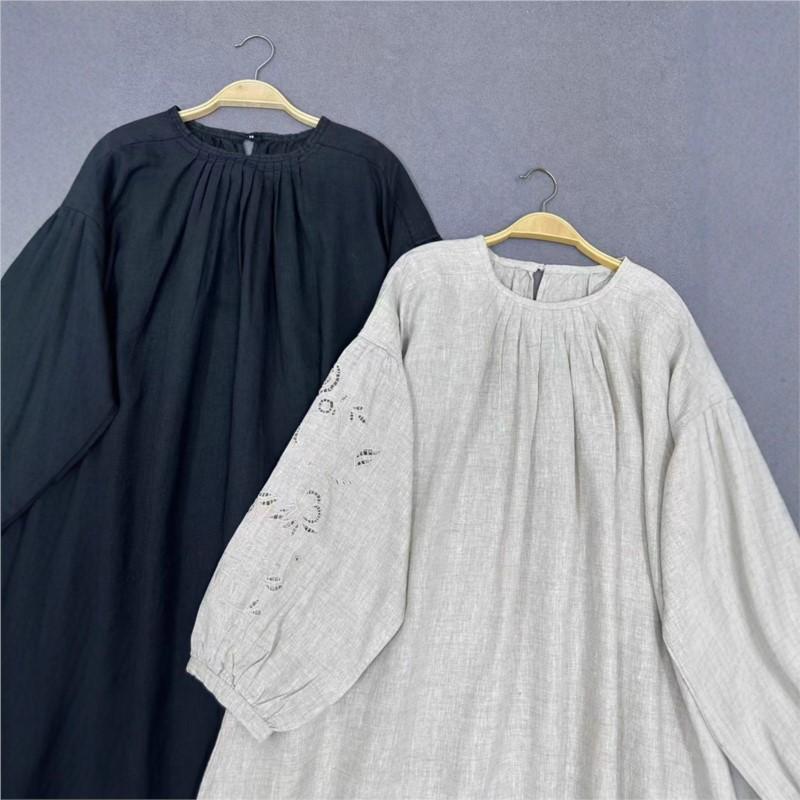 Johnature Round Neck Hollow Embroidery Long Sleeve Dress Women Autumn Winter Vintage Round Neck Pleated Robe Dress