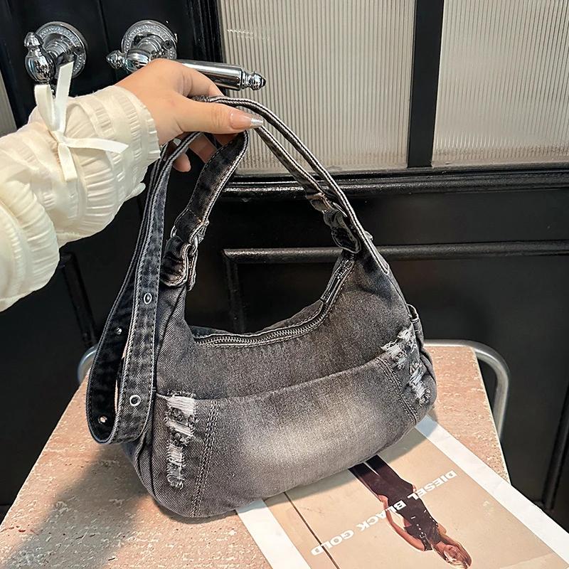 New Cool Denim Zipper Sewing Tote Bags 2026 High Quality Large Capacity Ladies Bags Summer Commute Versatile Crossbody Bags