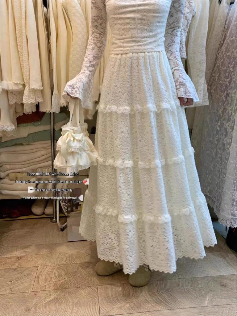 Gentle Academia Crochet Layered High-Waist Maxi Skirt for Spring/Autumn