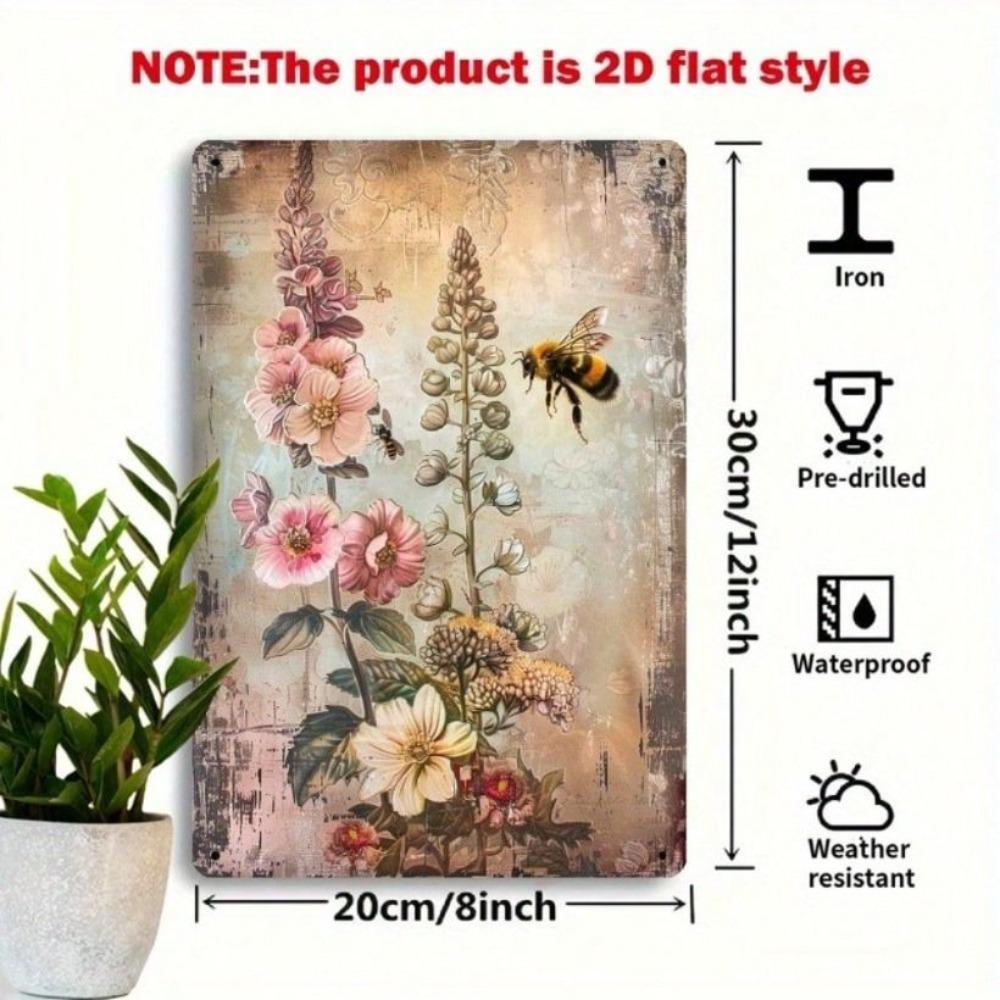Vintage Metal Poster Bee Flowers, Wall Tin Sign for Kitchen Bar Decor 8x12 Inch