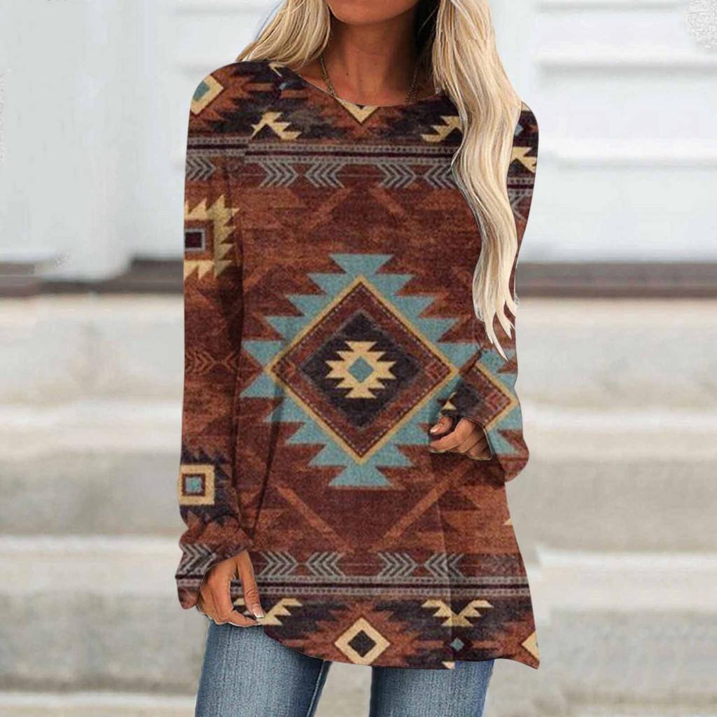 Ethnic tribe geometric print autumn casual comfortable women's long sleeve T-shirt Urban street trend fashion women long sleeve