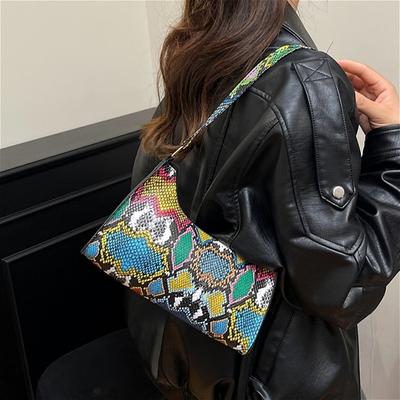 Women Snake Print Shoulder Bag Fashion Y2K Baguette Bag Colorful Python Pattern Underarm Purse Vintage Retro Clutch Handbag