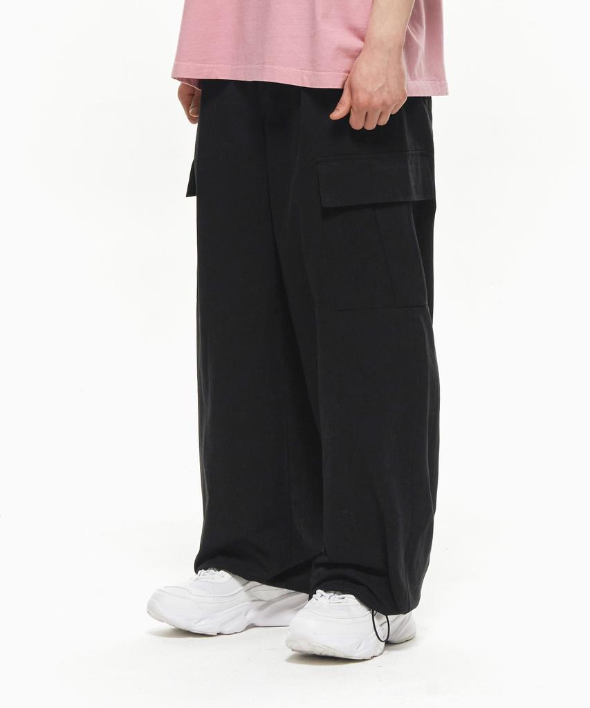 MOZMOZ Back Elastic Cargo Drawstring Cotton Pants Black