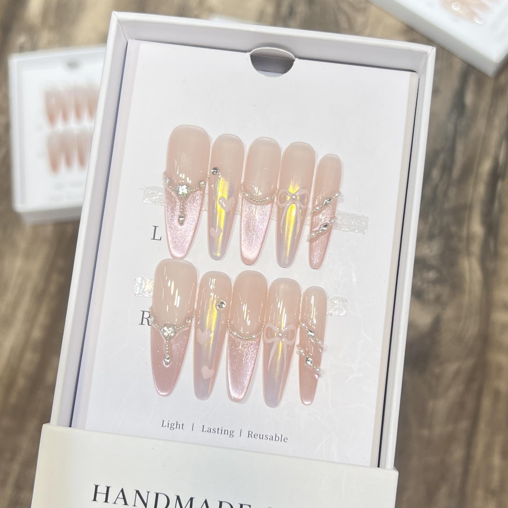 

Dairenson High-End Cat Eye French Manicure with Crushed Diamond, Aurora Heart, and Bow Nail Art. Large L